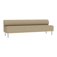 Beige sofa with a minimalist design and smooth fabric, featuring a cylindrical backrest and sleek metal legs.