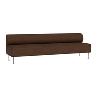 Brown upholstery sofa with a sleek, minimalist design and solid color, featuring a straight back and slender metal legs.