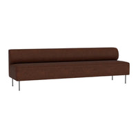 Brown upholstered sofa with a simple, modern design and sleek metal legs.