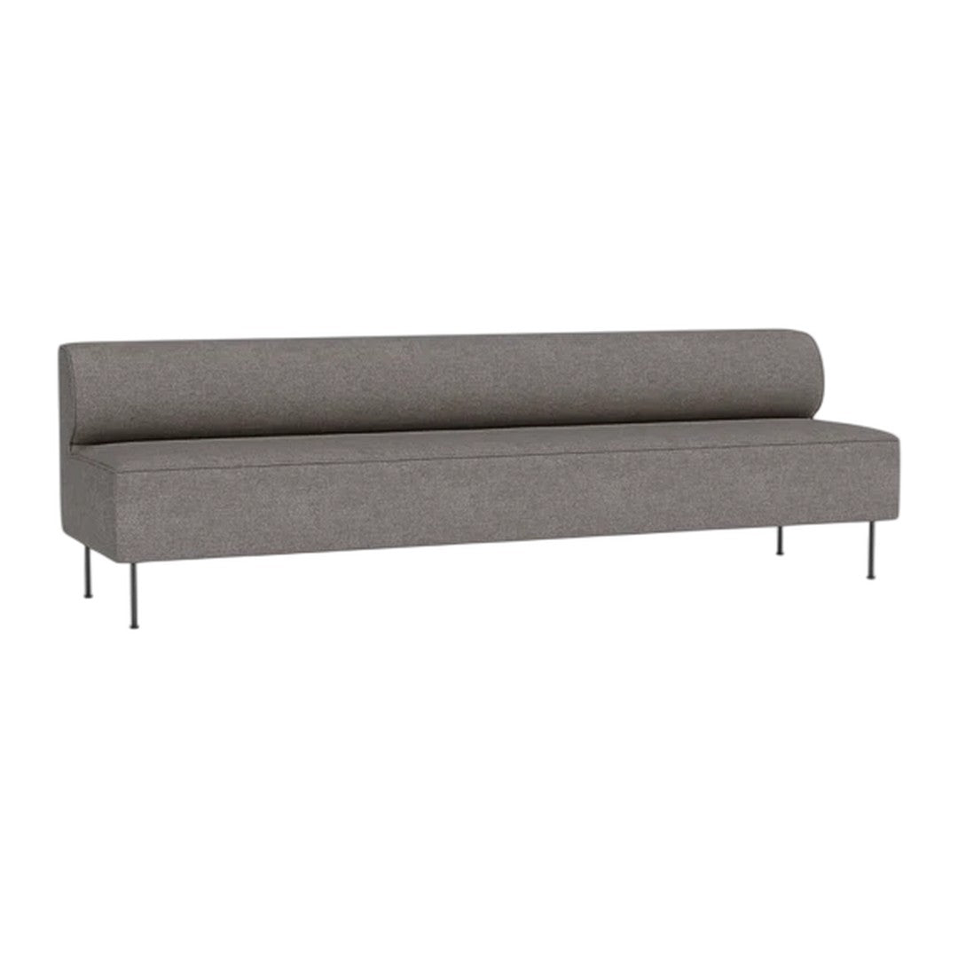 Modern gray couch with a sleek, minimalistic design and a smooth, solid fabric texture. Metal legs add a contemporary touch.
