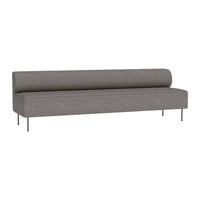 Modern gray couch with a sleek, minimalistic design and a smooth, solid fabric texture. Metal legs add a contemporary touch.