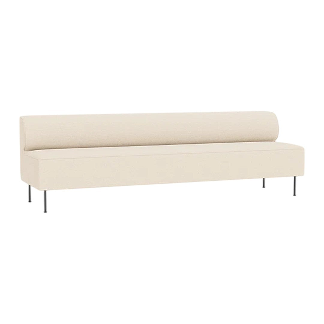Cream-colored minimalist sofa with smooth lines and a sleek design. Fabric has a subtle texture, enhancing modern aesthetics.