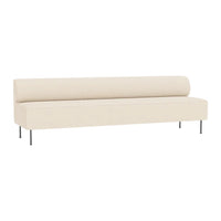 Cream-colored minimalist sofa with smooth lines and a sleek design. Fabric has a subtle texture, enhancing modern aesthetics.