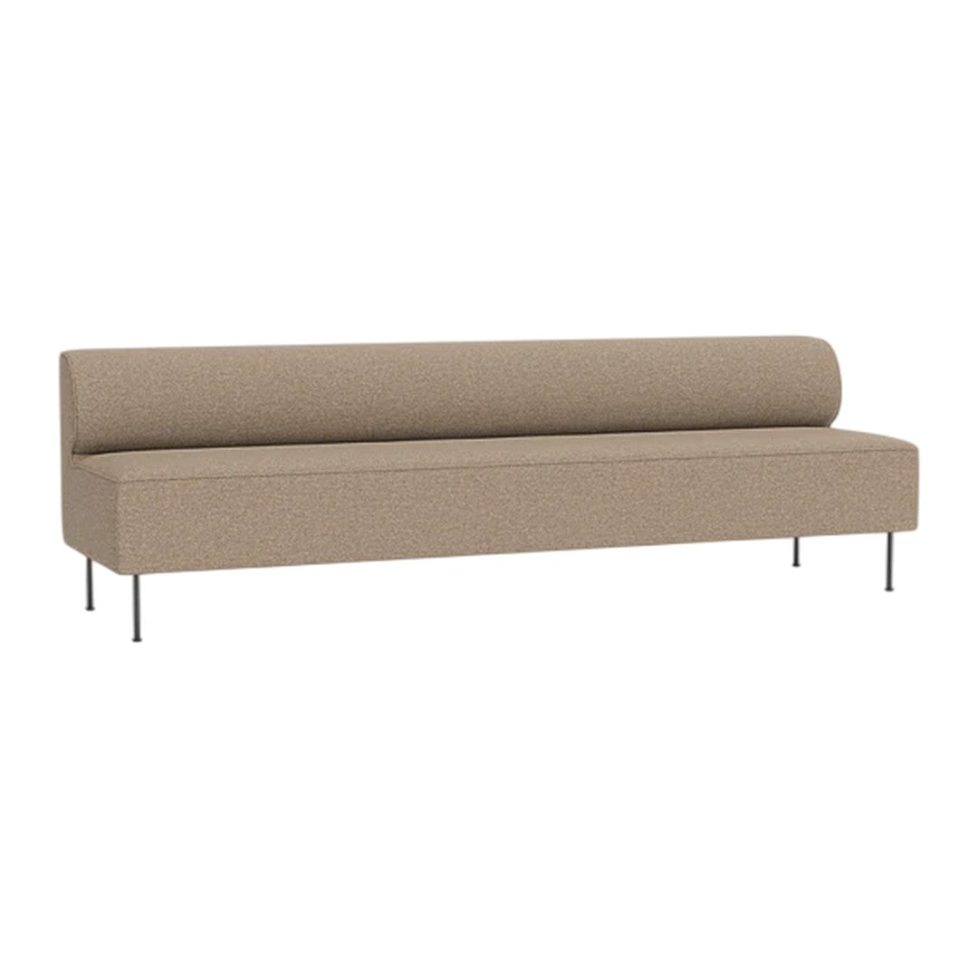 Light beige upholstered sofa with a sleek, modern design and minimalist style. Soft texture, no visible patterns.