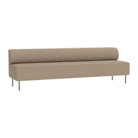 Light beige upholstered sofa with a sleek, modern design and minimalist style. Soft texture, no visible patterns.