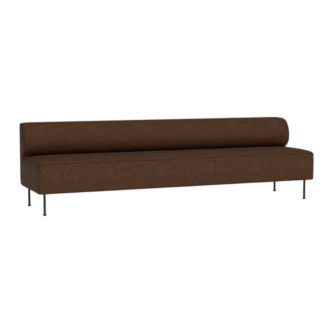 Brown upholstered sofa with a sleek, minimalist design and solid black legs. Ideal for modern decor.