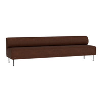 Brown textured fabric sofa with sleek black legs, featuring a minimalist design and smooth, curved edges.