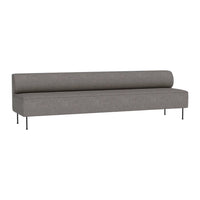 Gray minimalist sofa with a smooth texture and streamlined design, featuring a cylindrical backrest and sleek metal legs.
