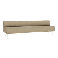 Beige upholstered sofa with a simple, minimalist design and sleek metal legs. Perfect for modern interiors.