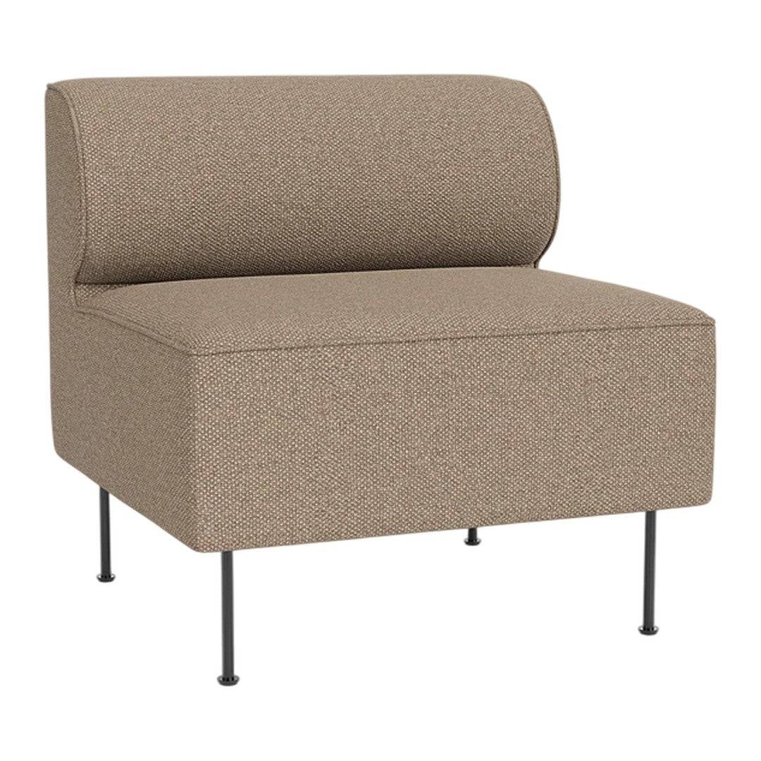 Brown fabric accent chair with a simple, modern design and a rounded backrest. Stylish metal legs.