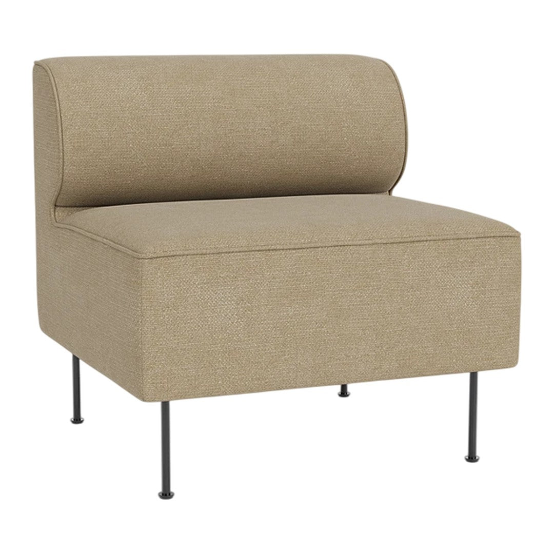 Beige upholstered accent chair with a smooth texture and minimalist design on slender black legs.