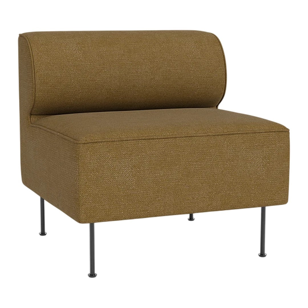 Brown upholstered chair with a smooth texture and minimalist design, featuring sleek black legs.