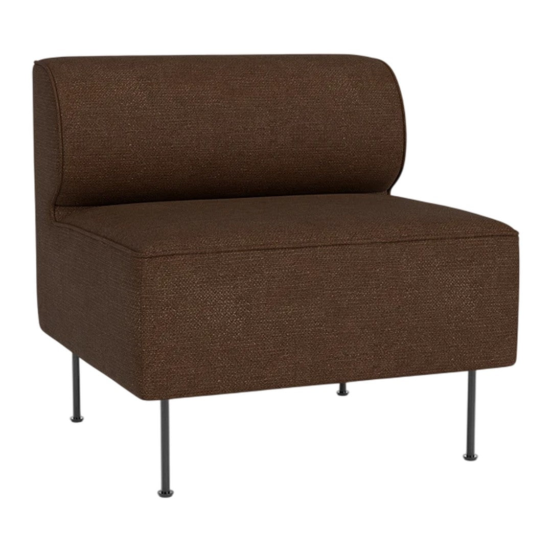 Brown fabric accent chair with a smooth, rounded backrest and sleek metal legs. Ideal for modern decor.