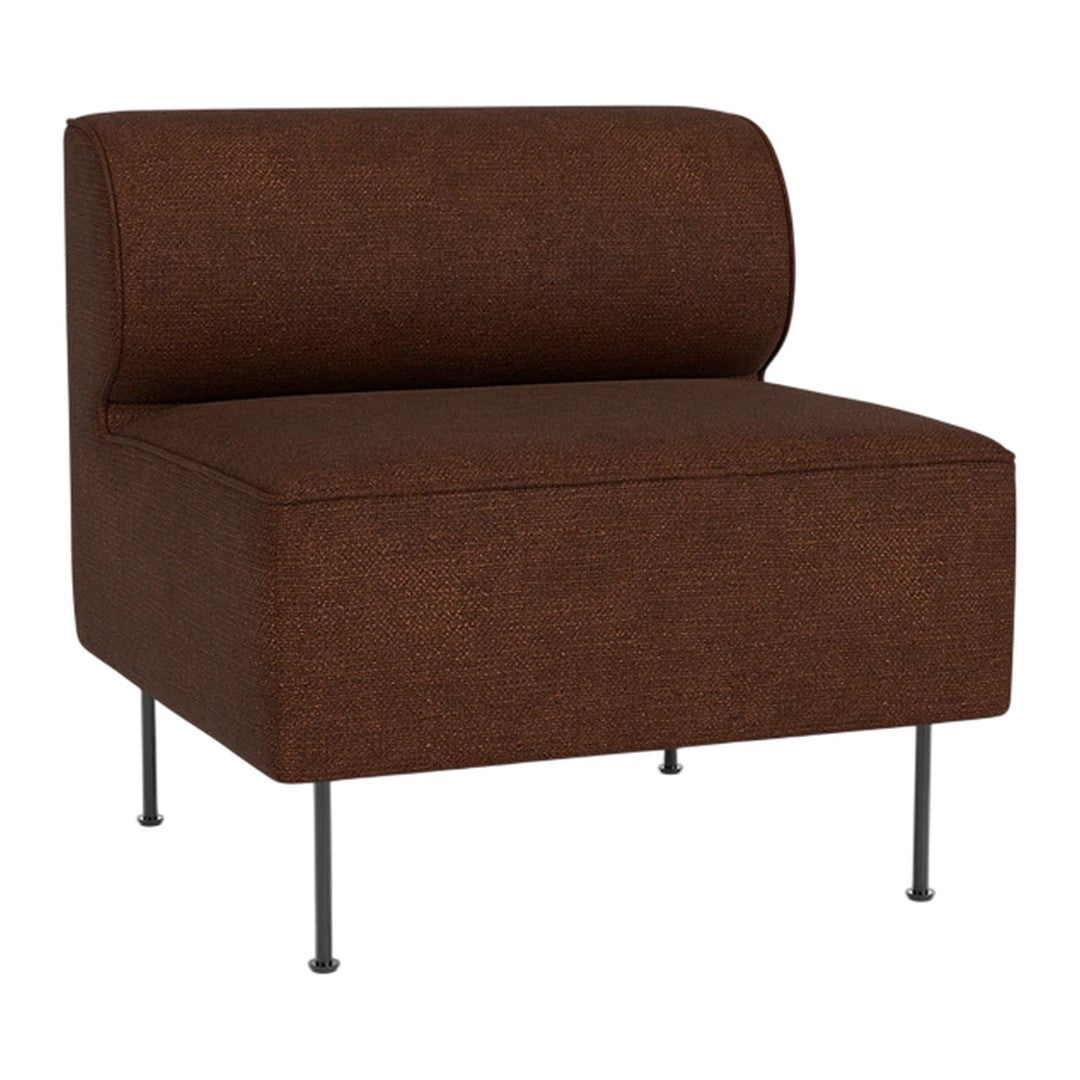Brown textured upholstery on a modern chair with sleek black legs. Simple, contemporary design.