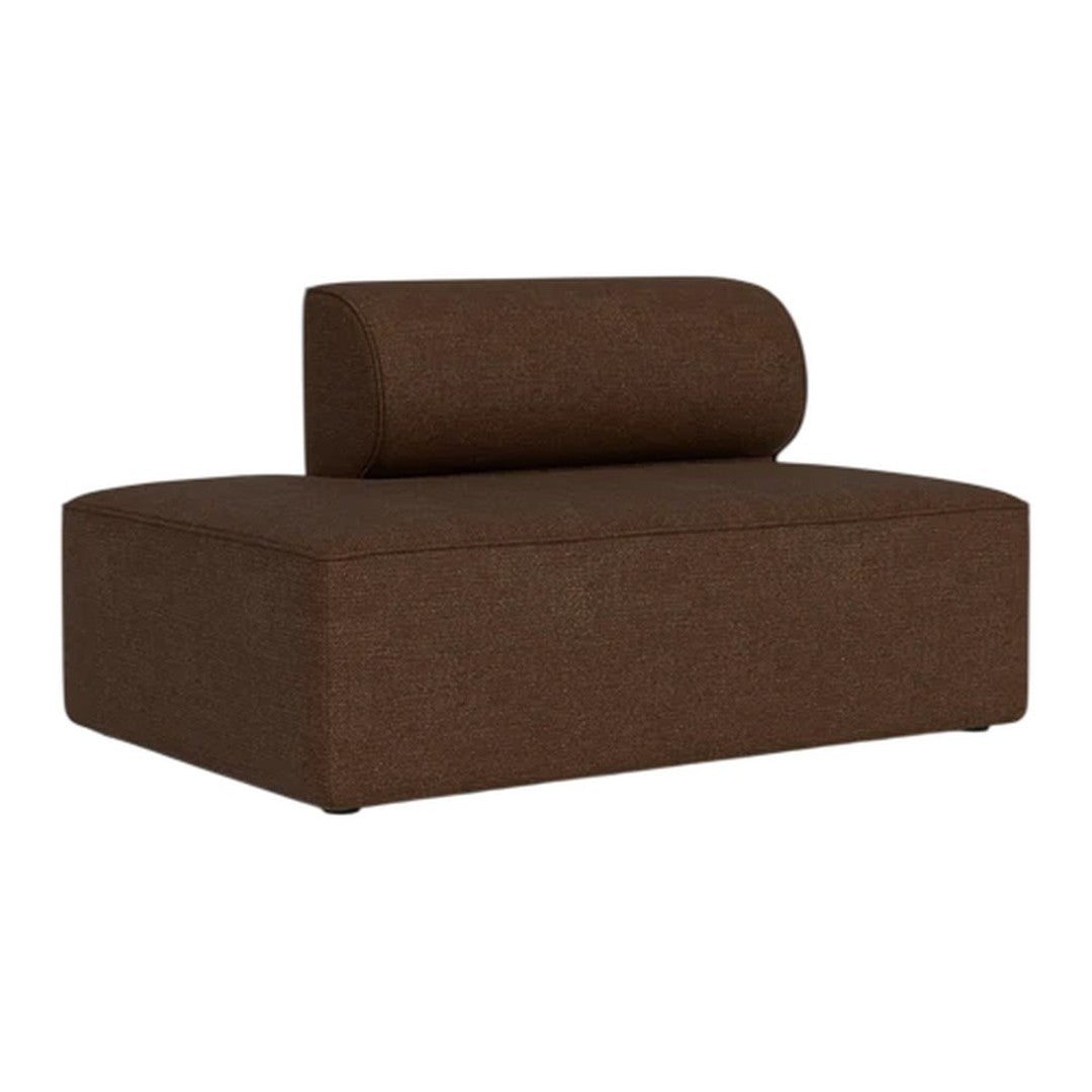 Brown upholstered sofa with a unique cylindrical backrest, featuring a smooth, textured fabric pattern.