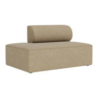Beige upholstered sofa with a round bolster pillow, featuring a simple, modern design and clean lines.