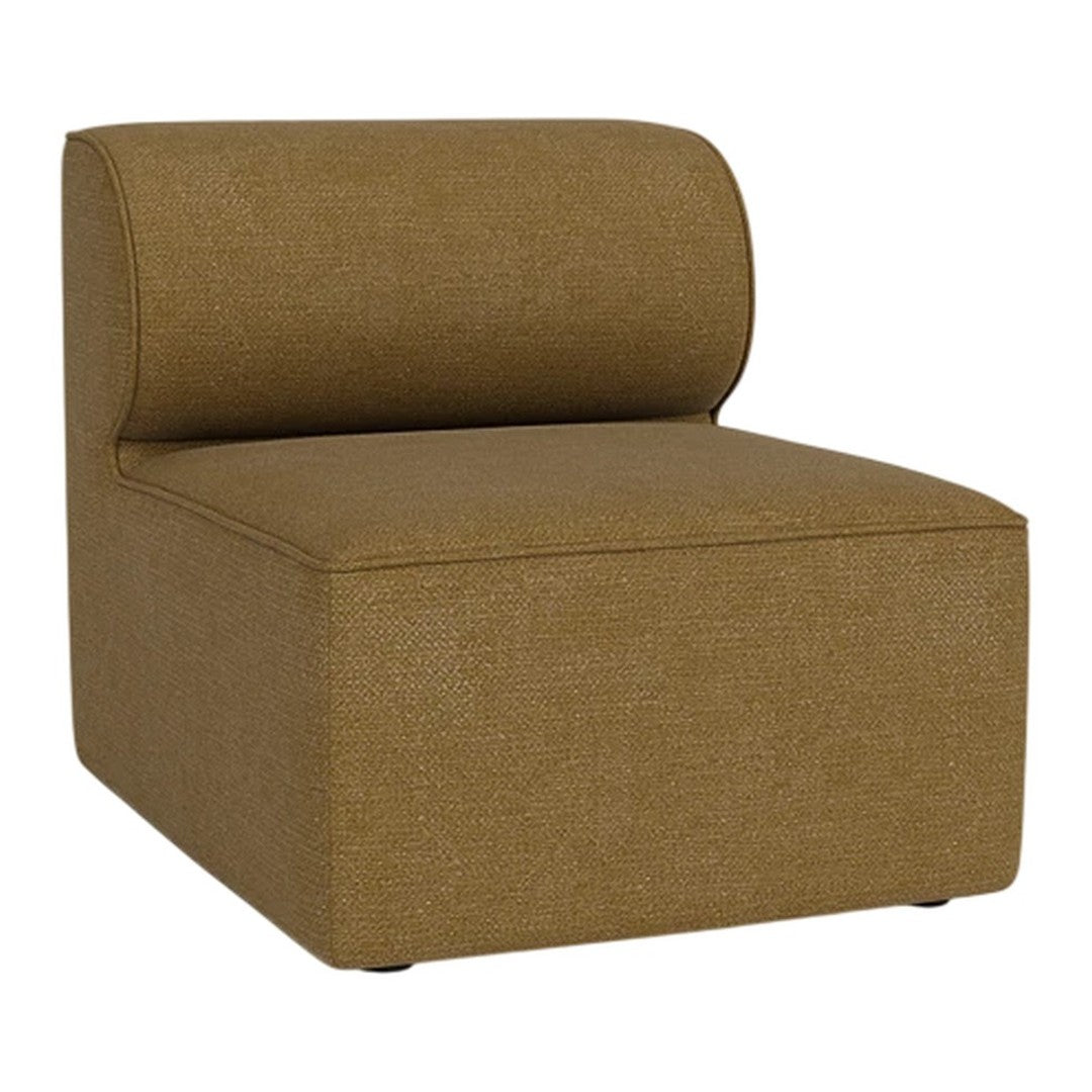 Brown upholstered accent chair with a textured fabric and a rounded, cushioned backrest. Ideal for modern decor.