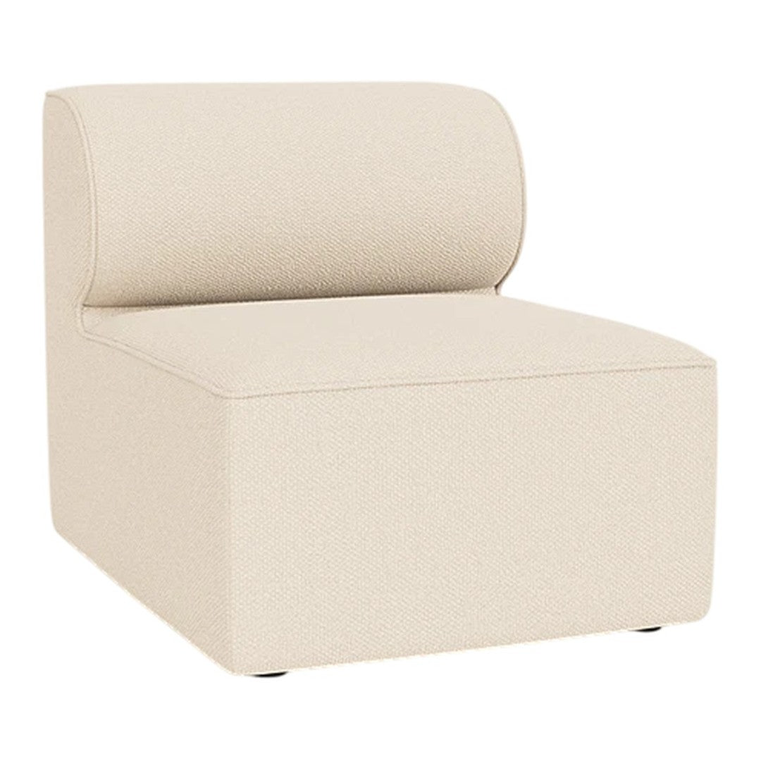Beige upholstered accent chair with a round back, featuring a minimalist design and smooth, solid texture.