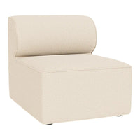 Beige upholstered accent chair with a round back, featuring a minimalist design and smooth, solid texture.