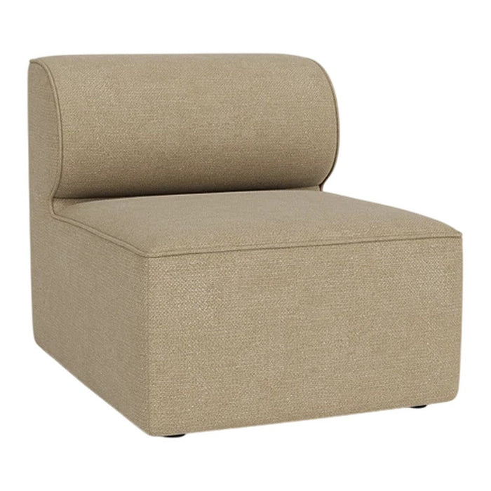 Beige fabric accent chair with a smooth, minimalist design and cylindrical backrest, perfect for modern decor.