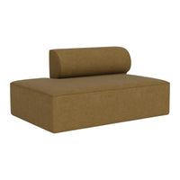 Brown upholstered sofa with a cylindrical back cushion, featuring a simple, modern design and solid color pattern.