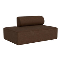 Brown fabric chaise lounge with a matching cylindrical pillow, featuring a solid, modern design.