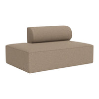 Beige textured sofa with a matching cylindrical pillow, featuring a modern minimalist design. Perfect for contemporary decor.