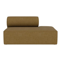 Brown upholstered chaise lounge with a cylindrical cushion, featuring a minimalist design and solid texture.