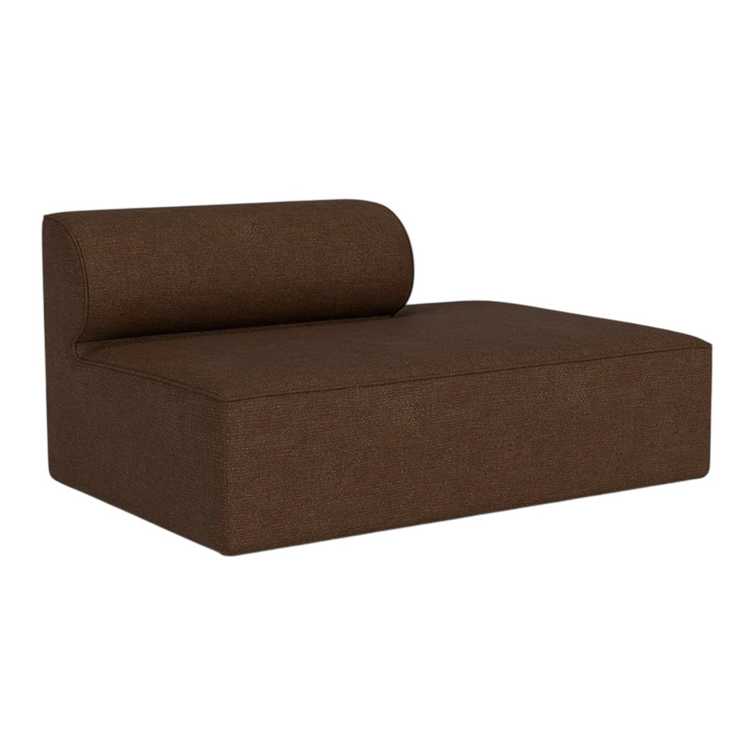 Brown upholstered chaise lounge with a sleek, modern design and a rounded backrest. Ideal for contemporary decor.