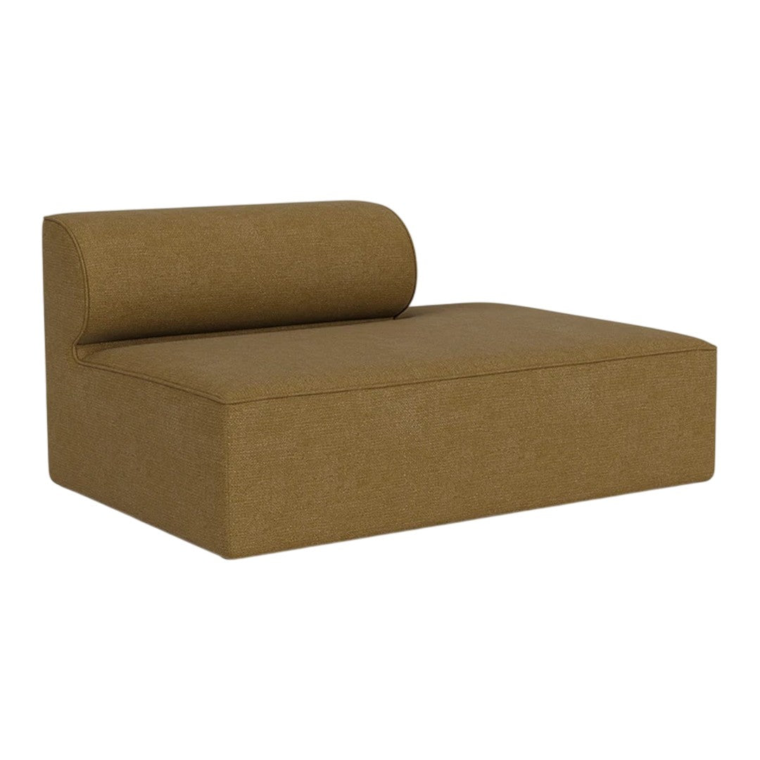 Brown upholstered chaise lounge with a cylindrical backrest, featuring a textured fabric surface.
