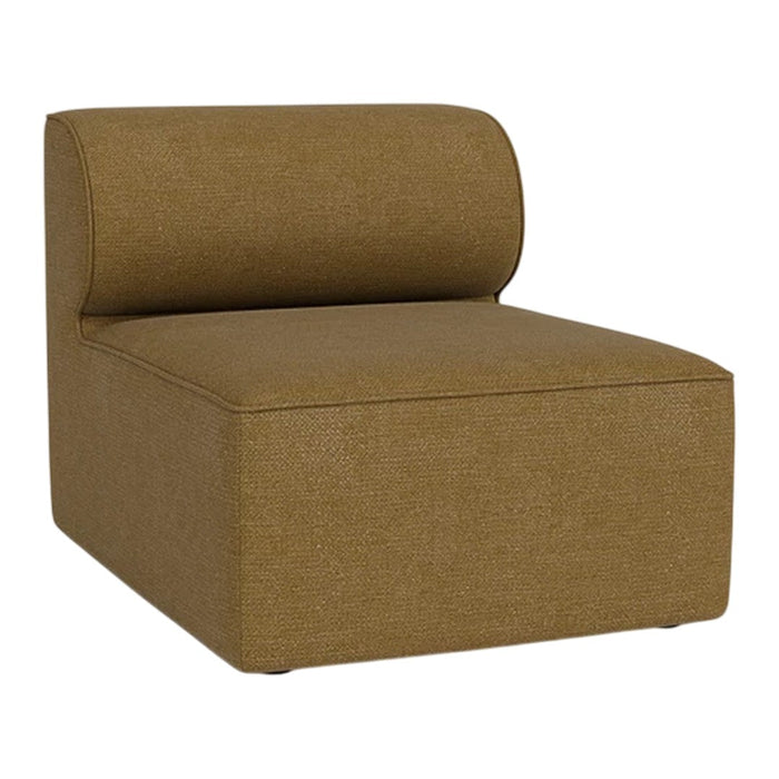 "Textured golden-brown upholstered chair with a rounded backrest and minimalist design."