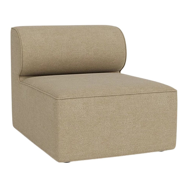 "Neutral beige upholstered chair with a round backrest, featuring a subtle textured pattern."