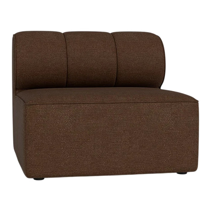 Brown upholstered lounge chair with a smooth, solid texture and rounded back cushions for a modern design.
