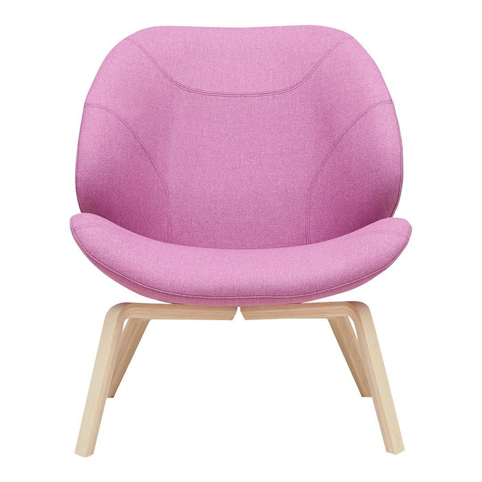 Pink upholstered chair with smooth curves and a minimalist wooden base, perfect for modern decor.