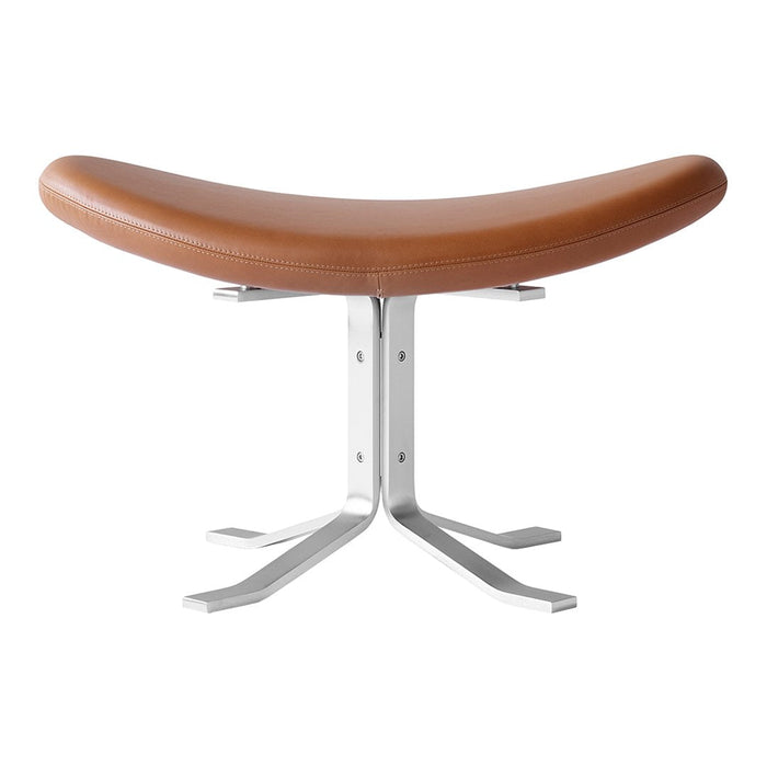 Brown wooden ergonomic stool with a sleek curved design and a shiny silver metal base. Ideal for modern interiors.