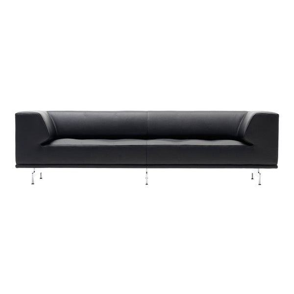 Sleek black leather sofa with minimalist design, featuring smooth upholstery and metallic legs for a modern touch.