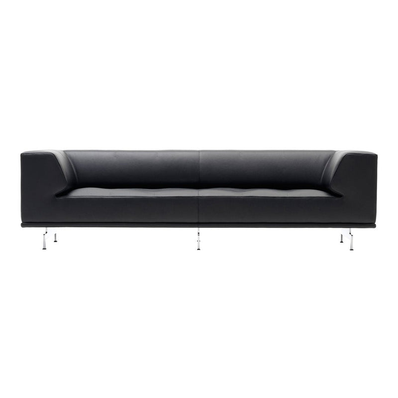 Sleek black leather sofa with minimalist design, featuring smooth upholstery and metallic legs for a modern touch.