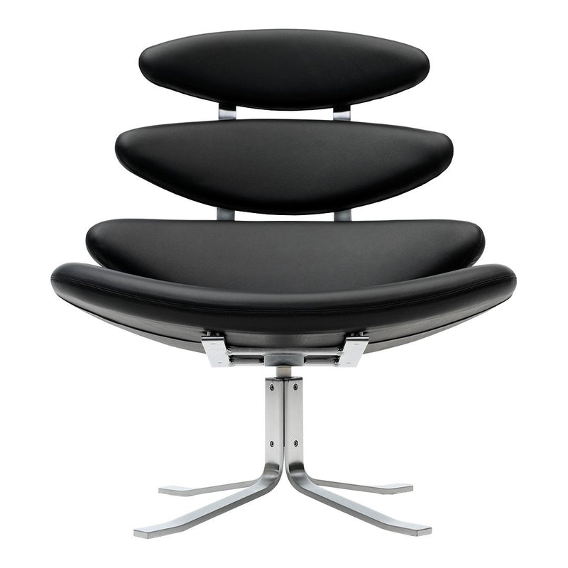 Black three-tier lounge chair with sleek, smooth curves and a modern metallic base. Ideal for contemporary decor.