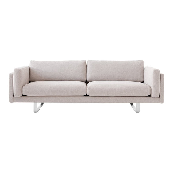 Light gray minimalist sofa with smooth fabric and sleek silver legs, perfect for modern decor.