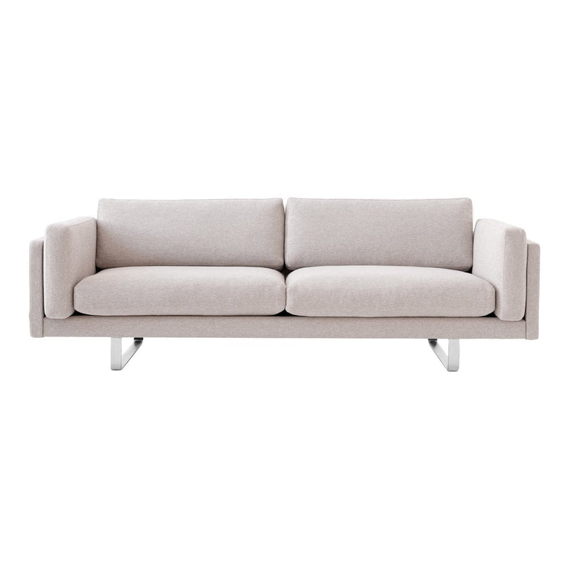 Light gray minimalist sofa with smooth fabric and sleek silver legs, perfect for modern decor.