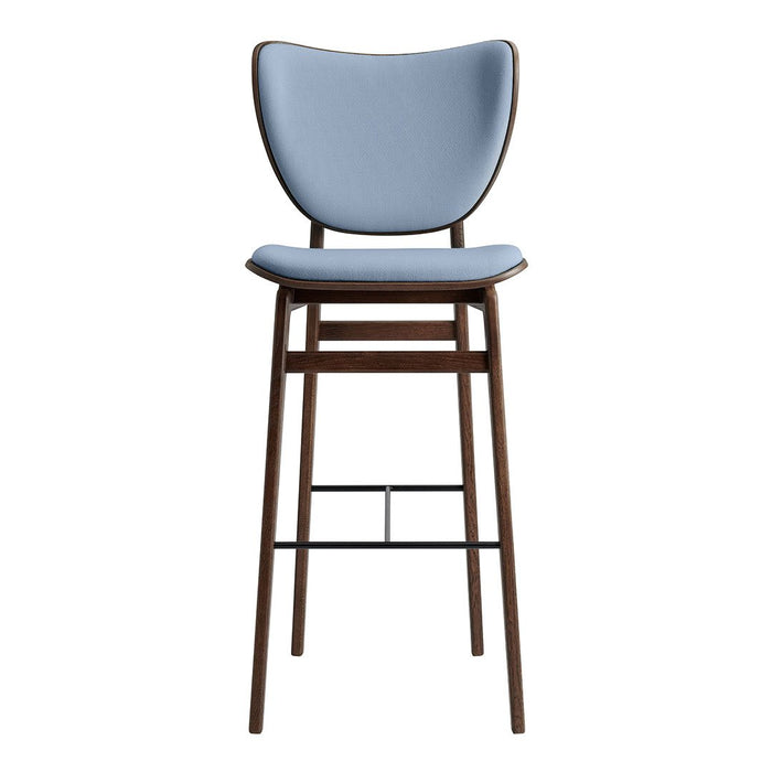 Light blue upholstered bar stool with a sleek wooden frame and modern design. Ideal for contemporary spaces.