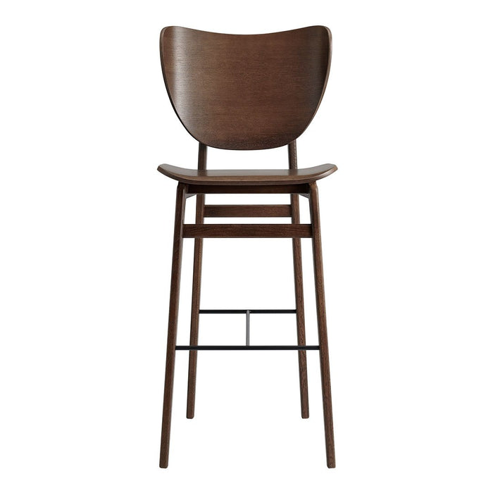 Brown wooden bar stool with a smooth finish and minimalist design, featuring a curved backrest and sleek metal legs.