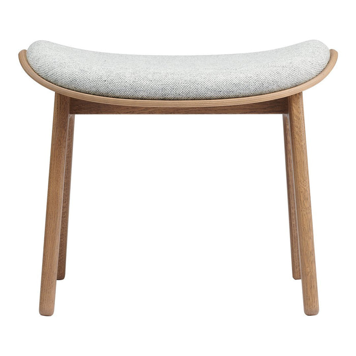 Gray upholstered stool with a curved seat and natural wooden legs. Simple, modern design complements various decor styles.