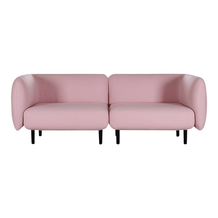 Light pink modern two-seater sofa with rounded edges and sleek black legs, offering a contemporary aesthetic.