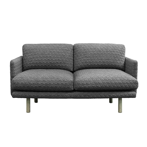 Gray patterned loveseat with textured upholstery and minimalist design, featuring sleek metal legs.