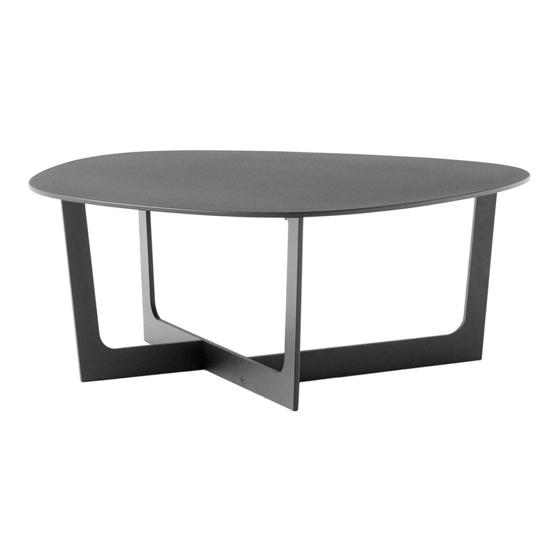 Modern oval coffee table in sleek gray finish with minimalistic black metal frame for contemporary decor.