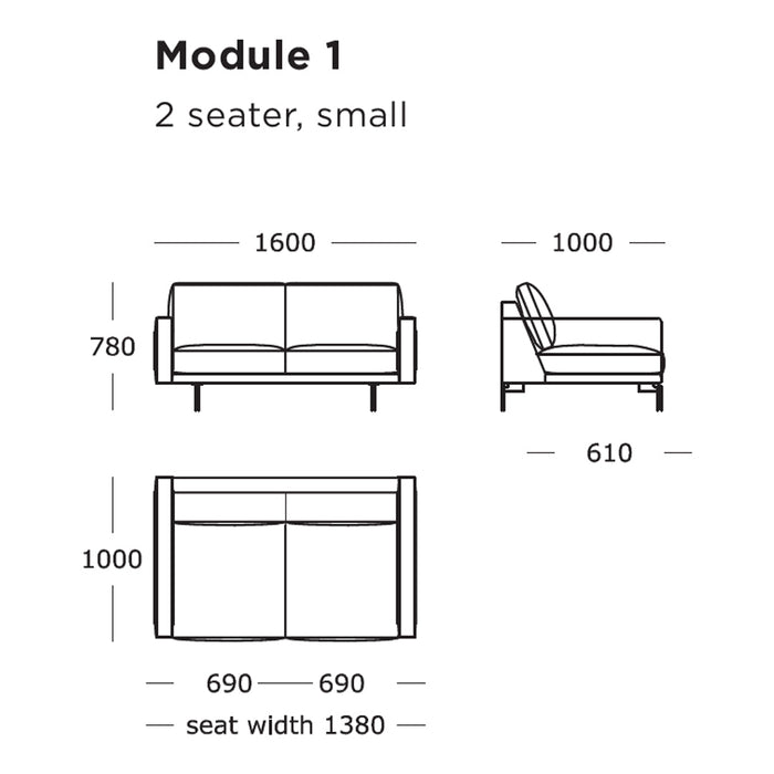 "Minimalist 2-seater sofa design with clean lines in modern color palette, featuring solid fabric and no patterns."