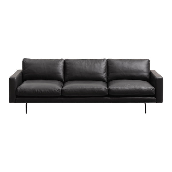 Black leather sofa with a sleek, modern design and minimalist lines. Perfect for contemporary décor.