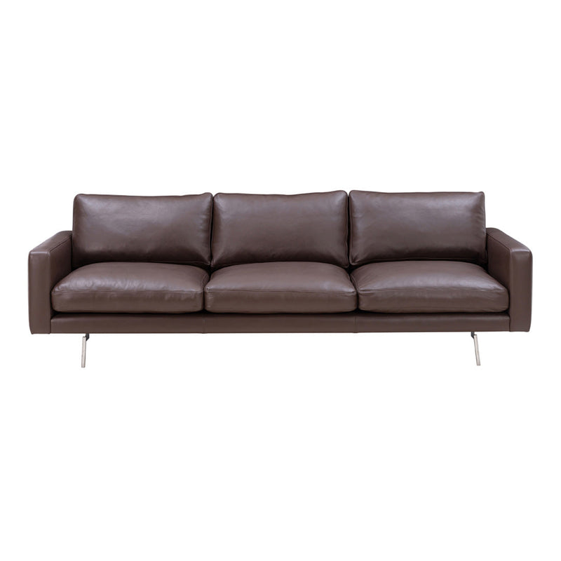 Brown leather sofa with smooth texture and minimalist design, featuring clean lines and a modern look.