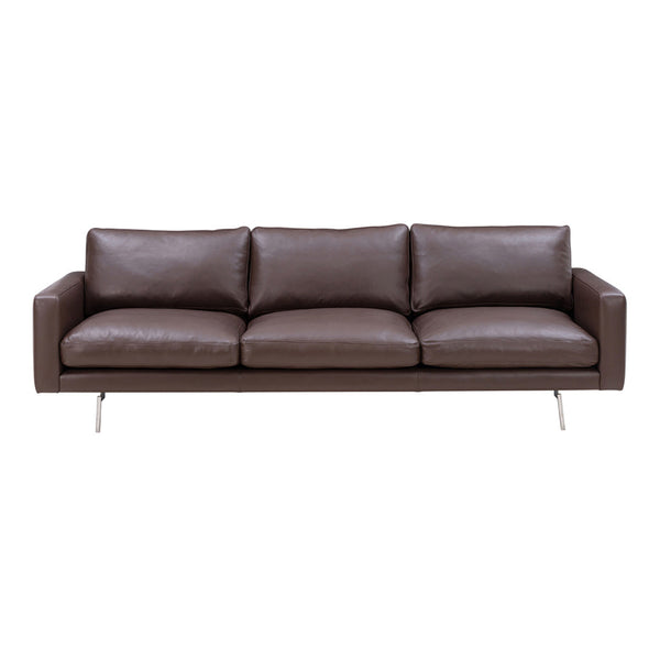 Brown leather sofa with smooth texture and minimalist design, featuring three cushioned seats and sleek chrome legs.